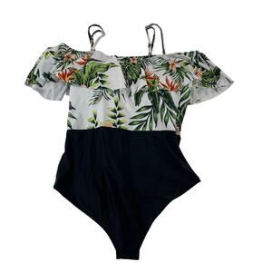 Tropical Ruffle One Piece Swimsuit Tropical Off Shoulder Black White L Women